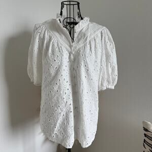 PrettyGarden White Cotton Eyelet Puff Sleeve Button Blouse Small- Cottagecore